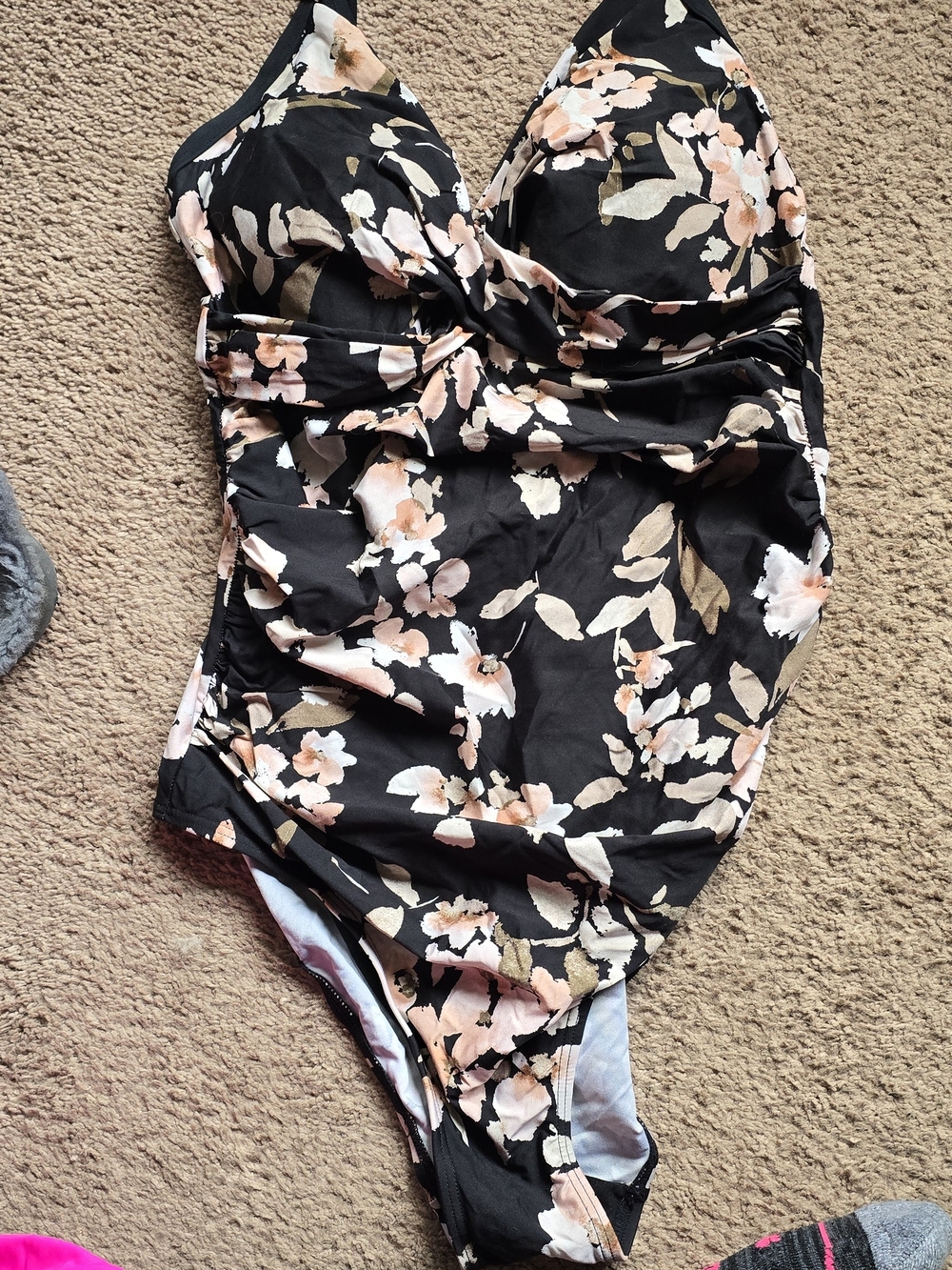 Floral Black One-Piece Swimsuit with Soft Pink Blooms